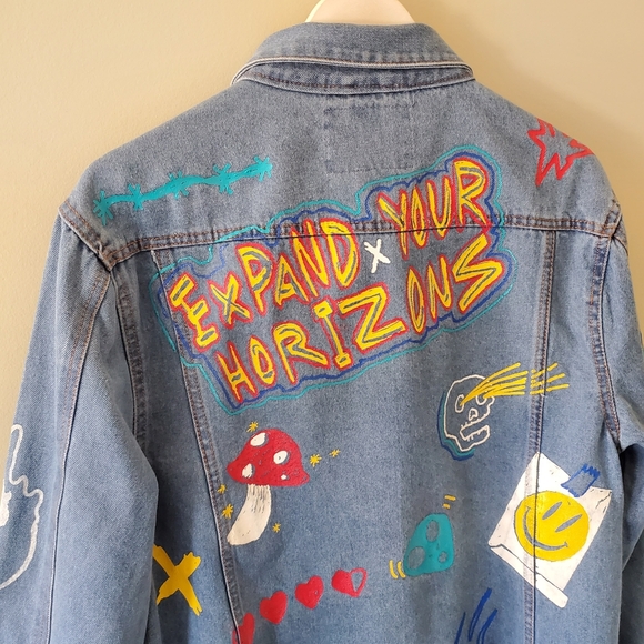 Brooklyn Clothing M Indie Sleeze 90s Grunge Flames Rainbow Unisex Jean Jacket - Picture 10 of 11